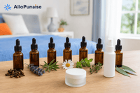 Flacons d'huiles essentielles et plantes posés sur une table de chevet dans une chambre