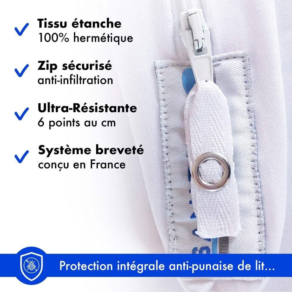 Gros plan sur la fermeture éclair sécurisée et la couture renforcée d'une housse de matelas anti-punaise